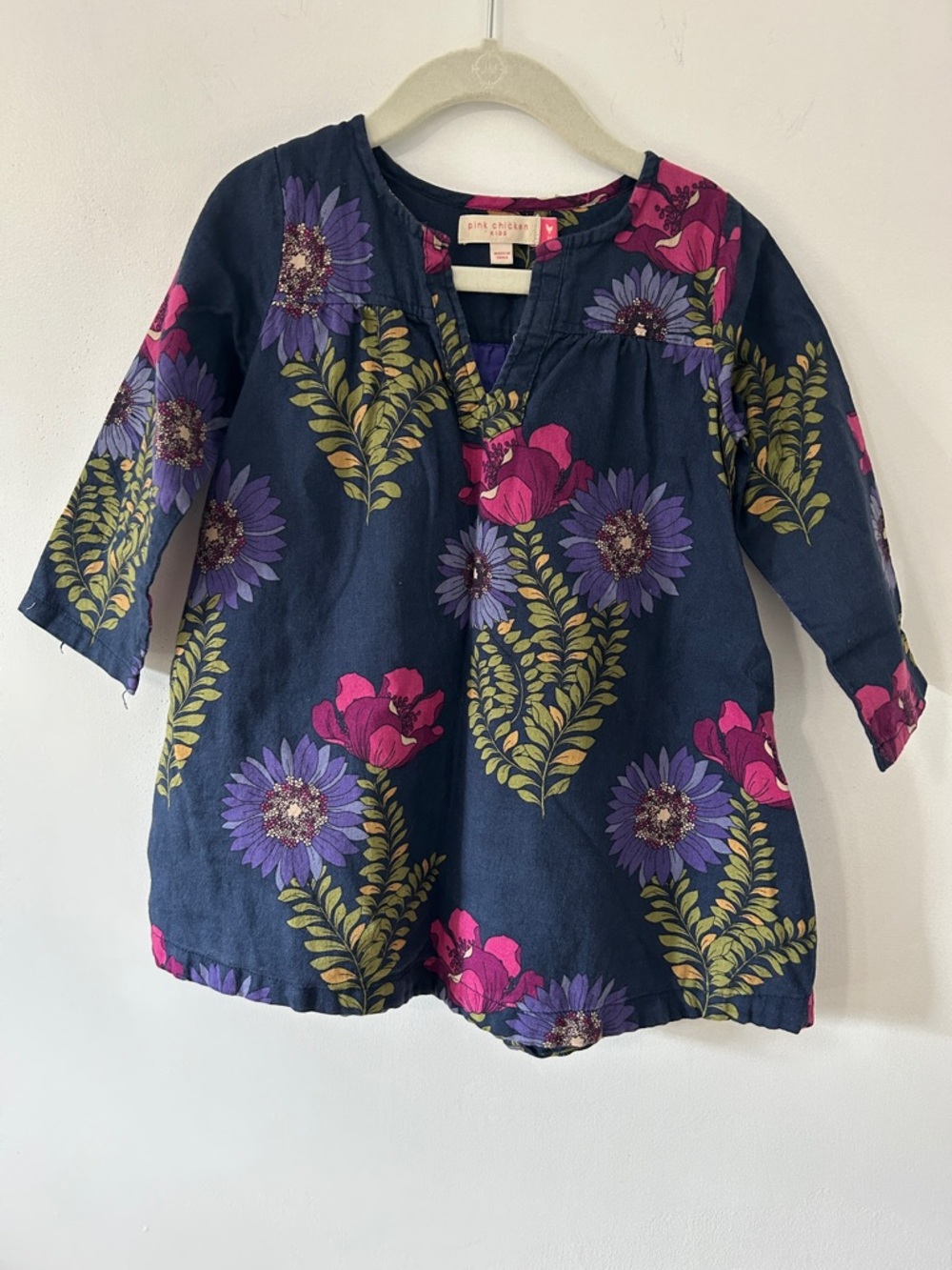 Pink Chicken Dress Girls 3Y Navy Floral Playful Long Sleeve Tunic